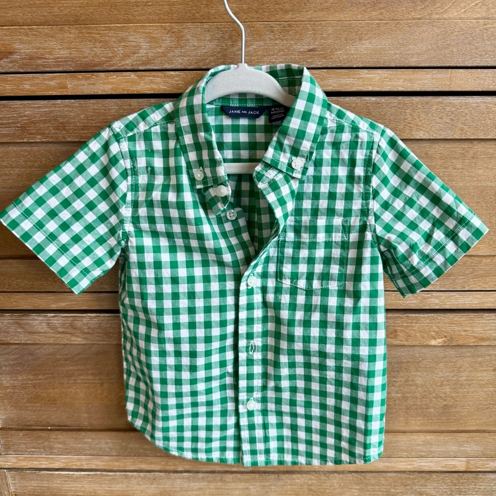 Janie and Jack Toddler Boy Green Checkered Button Up Shirt 18-24M